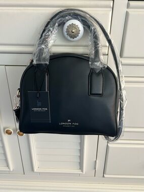 NWT London Fog Dome Satchel with Crossbody Strap Black w/ Gold Hardware